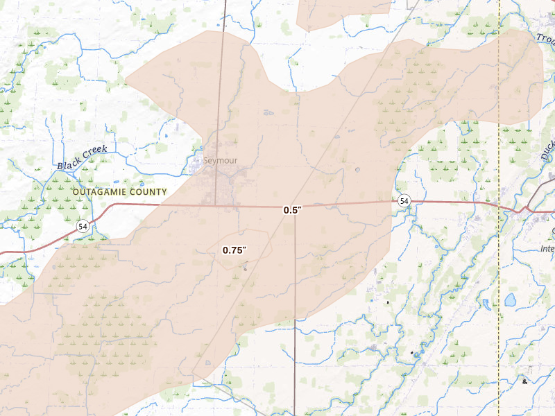 Radar-estimated hail-size map of the storm over Seymour, WI on Jul 1, 2026