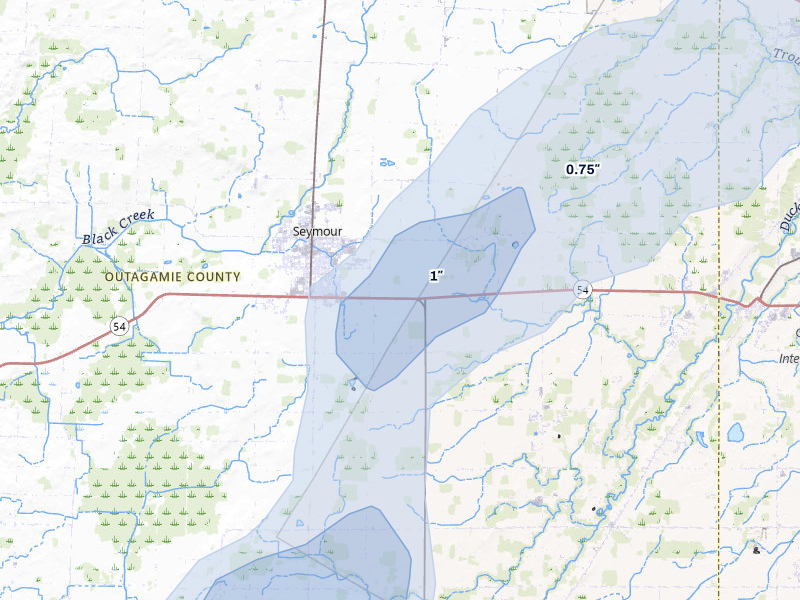 NEXRAD radar-signature map of the hail storm over Seymour, WI on Jul 1, 2026