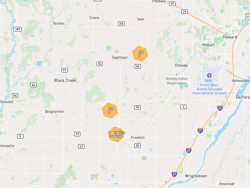 Hail map of Seymour, WI on Jul 1, 2026, hail up to 1.25"