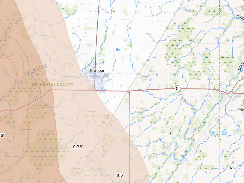 Radar-estimated hail-size map of the storm over Seymour, WI on Jul 27, 2026