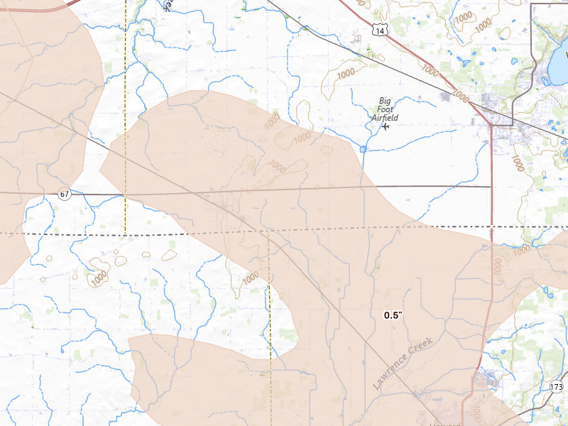 Radar-estimated hail-size map of the storm over Sharon, WI on Aug 10, 2026