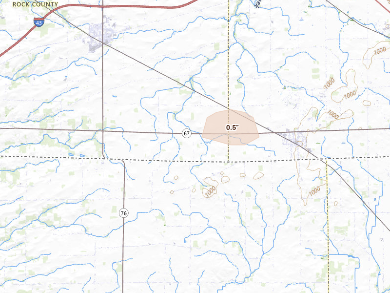 Radar-estimated hail-size map of the storm over Sharon, WI on Aug 21, 2026