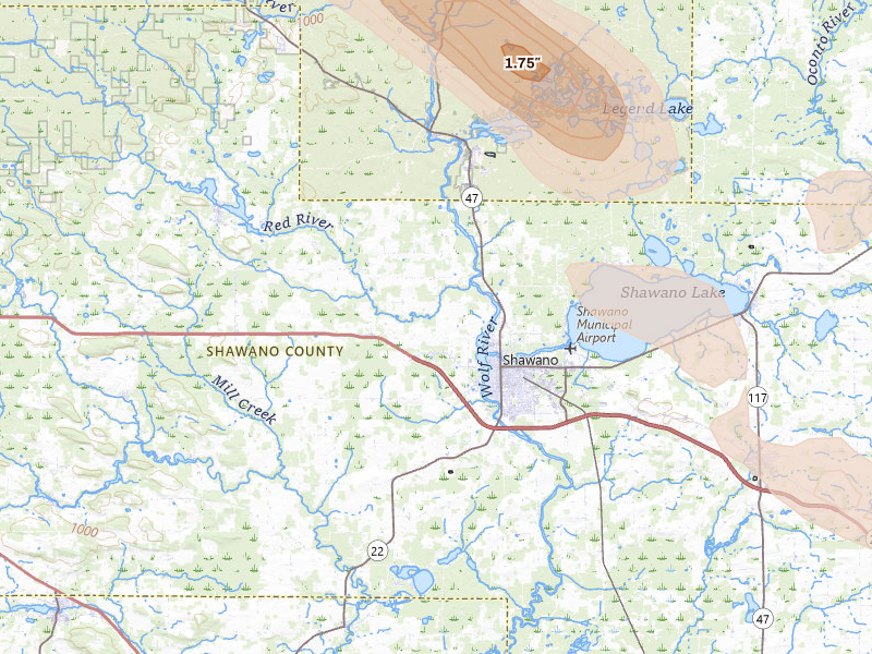 Radar-estimated hail-size map of the storm over Shawano, WI