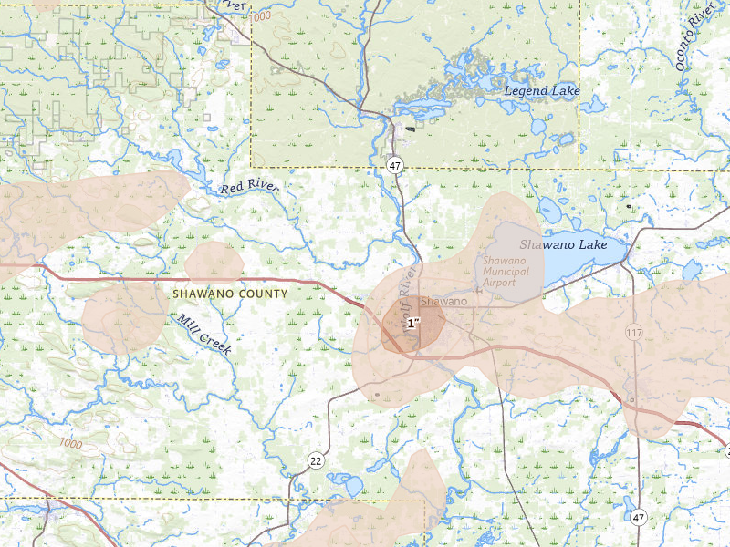 Radar-estimated hail-size map of the storm over Shawano, WI on Jun 30, 2026