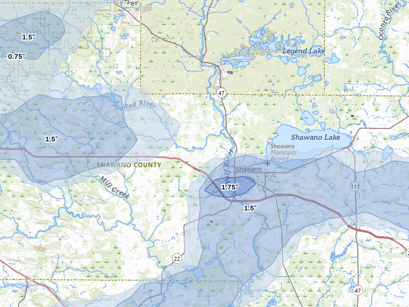 NEXRAD radar-signature map of the hail over Shawano, WI