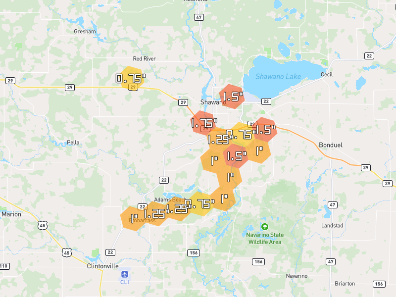 Hail map of Shawano, WI on Jun 30, 2026, hail up to 1.75"