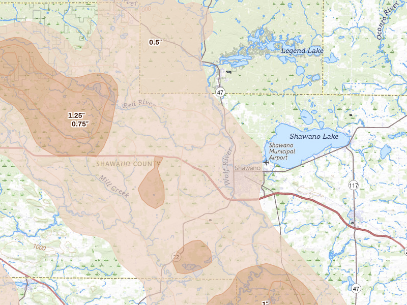 Radar-estimated hail-size map of the storm over Shawano, WI