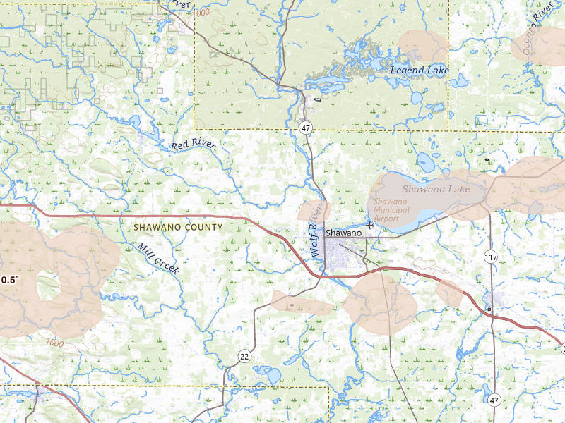 Radar-estimated hail-size map of the storm over Shawano, WI