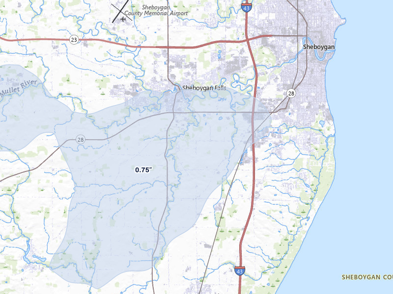 NEXRAD radar-signature map of the hail over Sheboygan Falls, WI