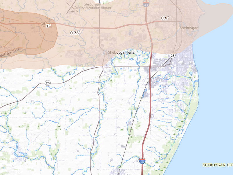 Radar-estimated hail-size map of the storm over Sheboygan Falls, WI on Jul 1, 2026