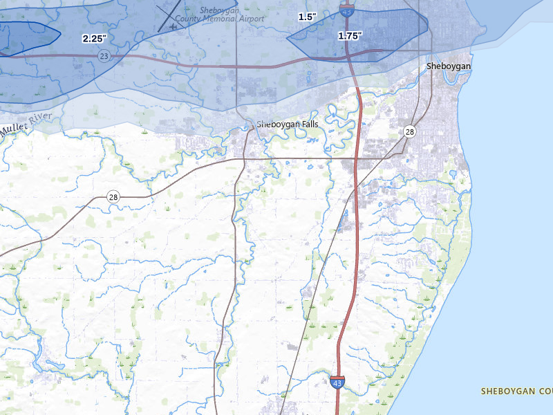 NEXRAD radar-signature map of the hail over Sheboygan Falls, WI