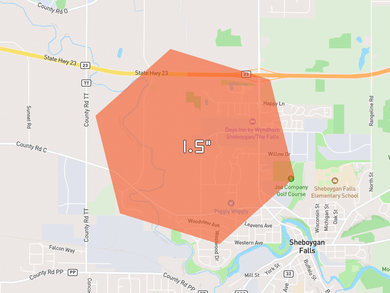 Hail map of Sheboygan Falls, WI on Jul 1, 2026, hail up to 1.5"