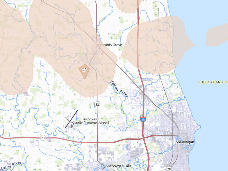 Radar-estimated hail-size map of the storm over Sheboygan, WI on Mar 31, 2026