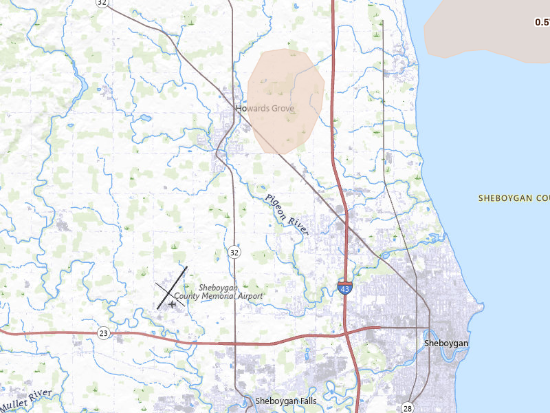 Radar-estimated hail-size map of the storm over Sheboygan, WI on Jun 16, 2026