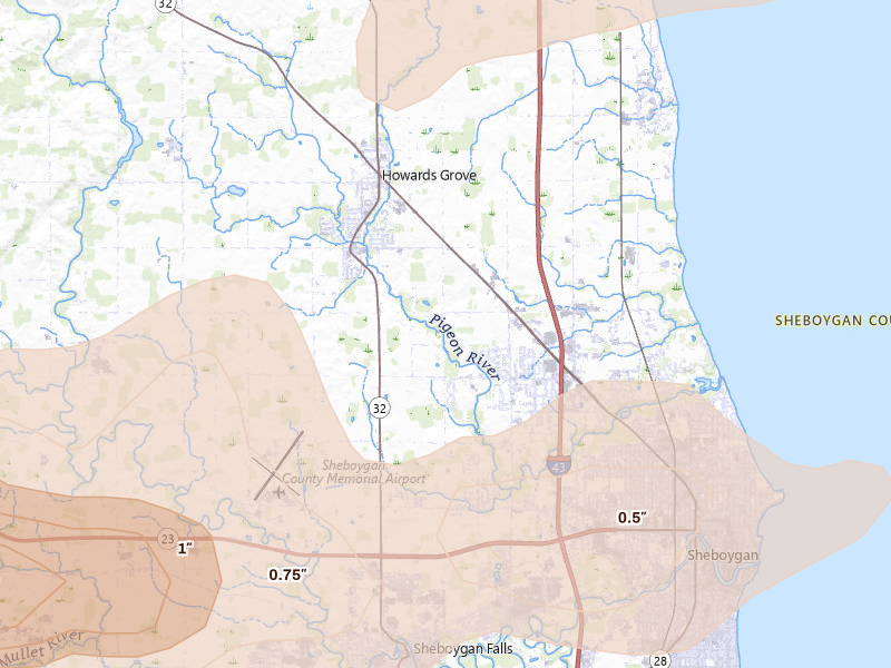Radar-estimated hail-size map of the storm over Sheboygan, WI on Jul 1, 2026