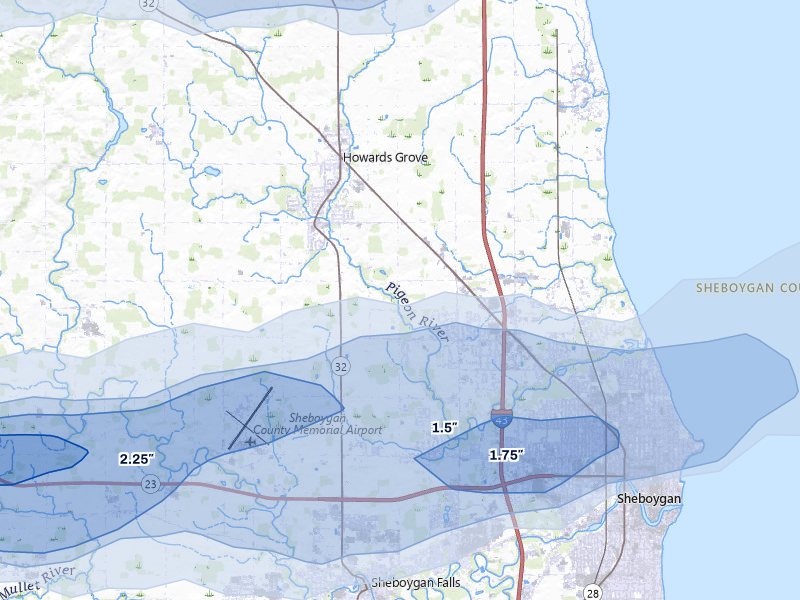NEXRAD radar-signature map of the hail storm over Sheboygan, WI on Jul 1, 2026