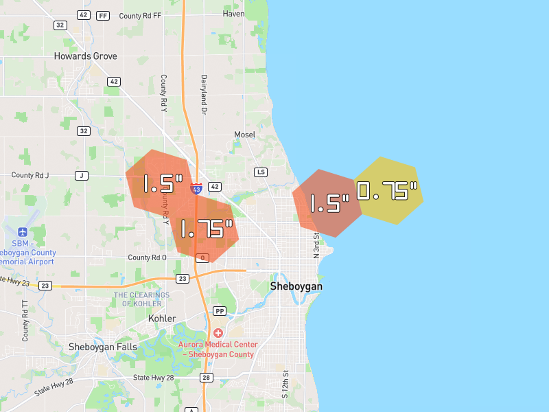 Hail map of Sheboygan, WI on Jul 1, 2026, hail up to 1.75"