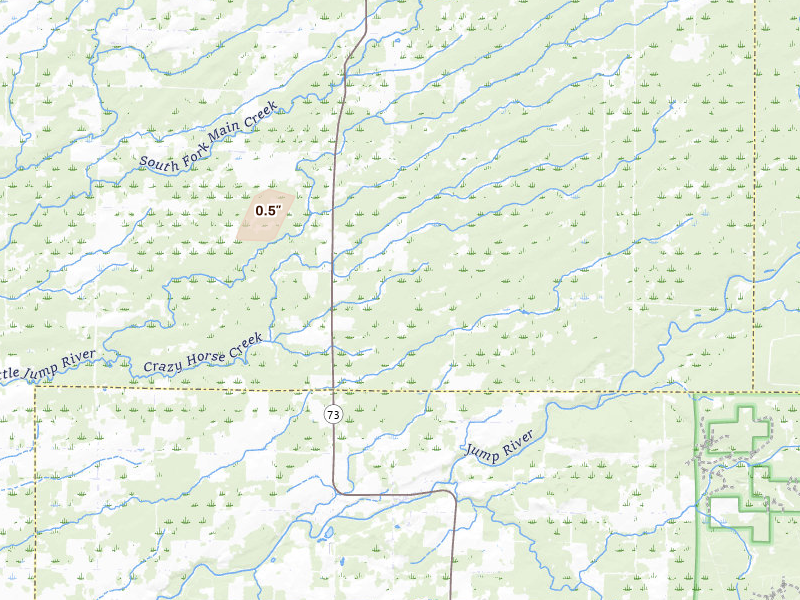 Radar-estimated hail-size map of the storm over Sheldon, WI on Aug 3, 2026