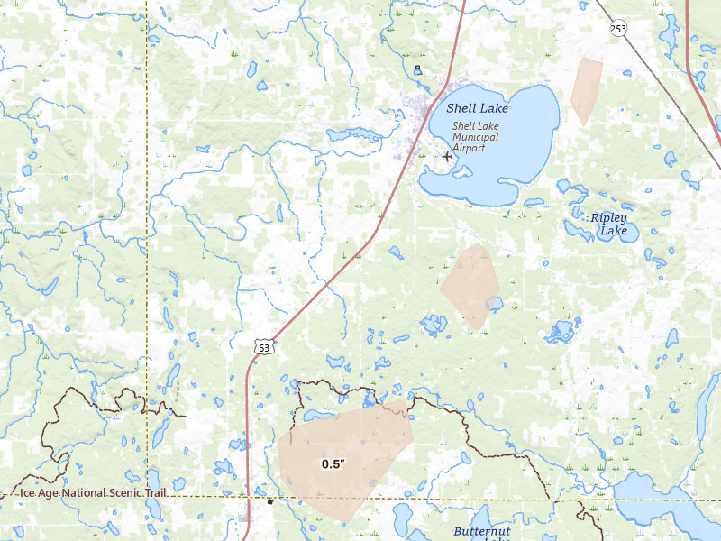 Radar-estimated hail-size map of the storm over Shell Lake, WI on Apr 17, 2026