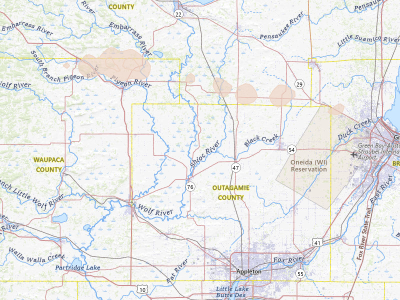 Radar-estimated hail-size map of the storm over Shiocton, WI on Mar 30, 2026