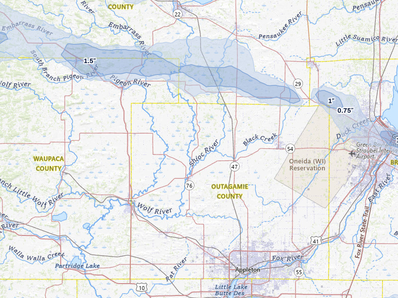 NEXRAD radar-signature map of the hail storm over Shiocton, WI on Mar 30, 2026