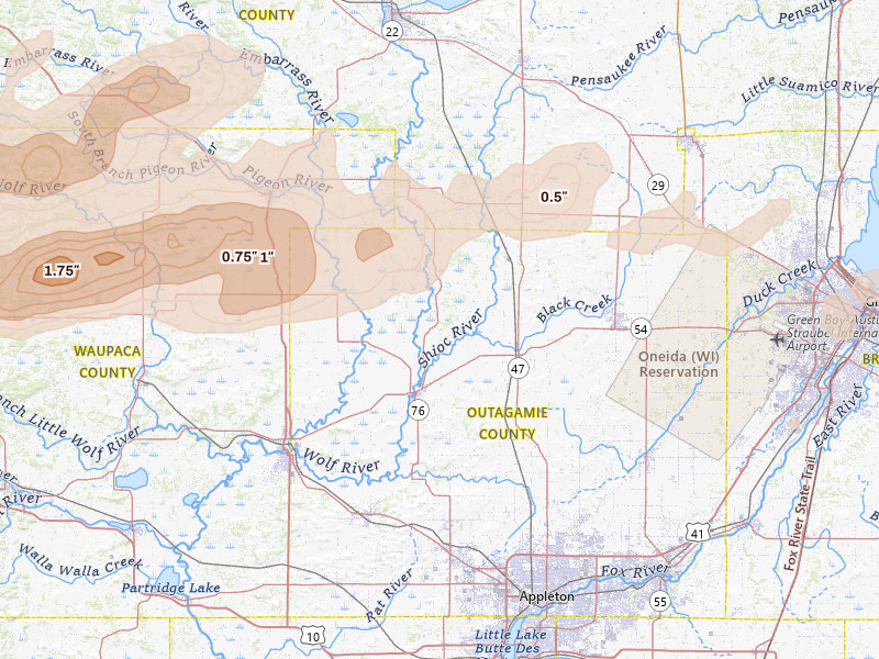 Radar-estimated hail-size map of the storm over Shiocton, WI on Apr 13, 2026
