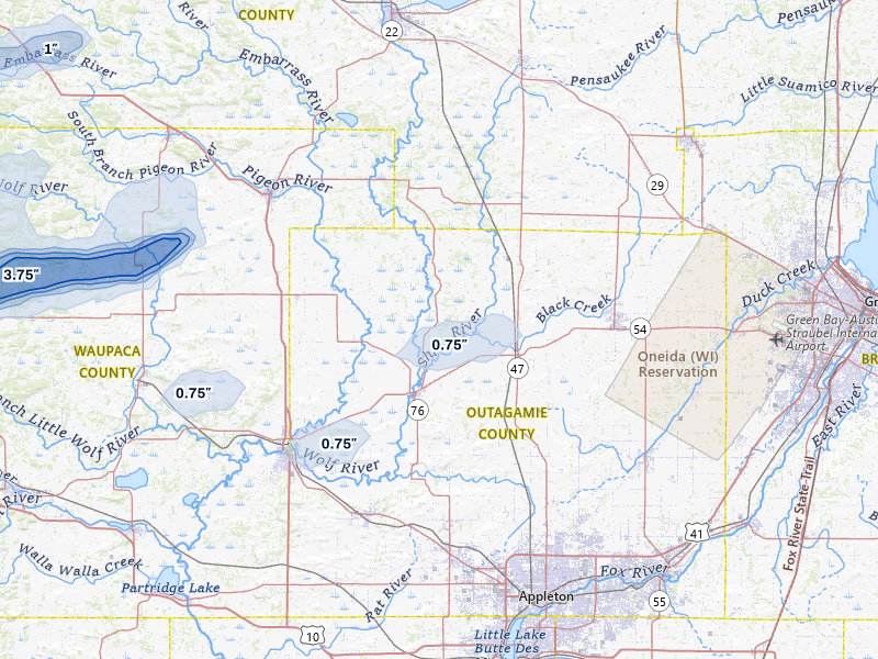NEXRAD radar-signature map of the hail over Shiocton, WI