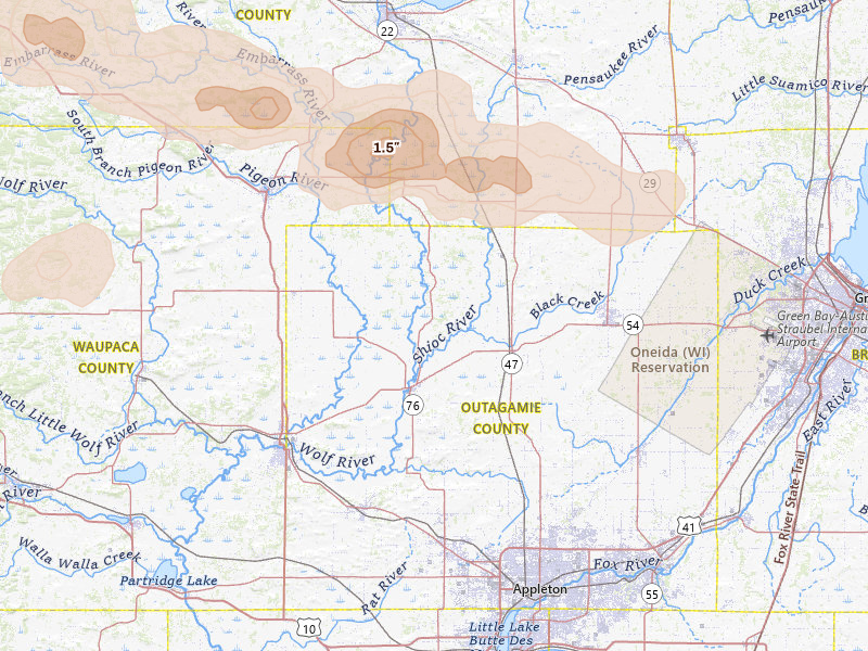 Radar-estimated hail-size map of the storm over Shiocton, WI on Jun 10, 2026