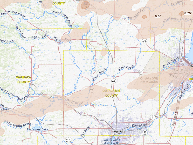 Radar-estimated hail-size map of the storm over Shiocton, WI on Jun 30, 2026