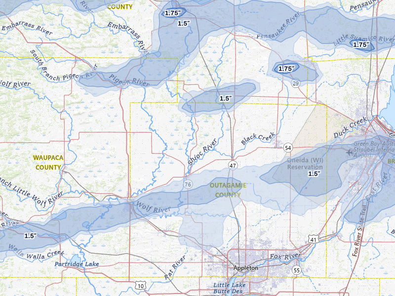 NEXRAD radar-signature map of the hail storm over Shiocton, WI on Jun 30, 2026
