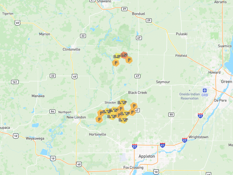 Hail map of Shiocton, WI on Jun 30, 2026, hail up to 1.5"
