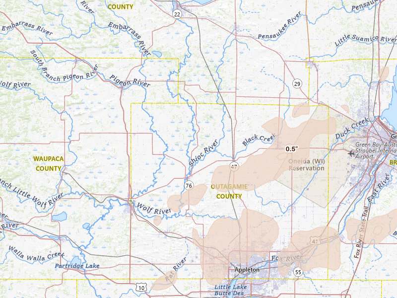 Radar-estimated hail-size map of the storm over Shiocton, WI on Jul 1, 2026