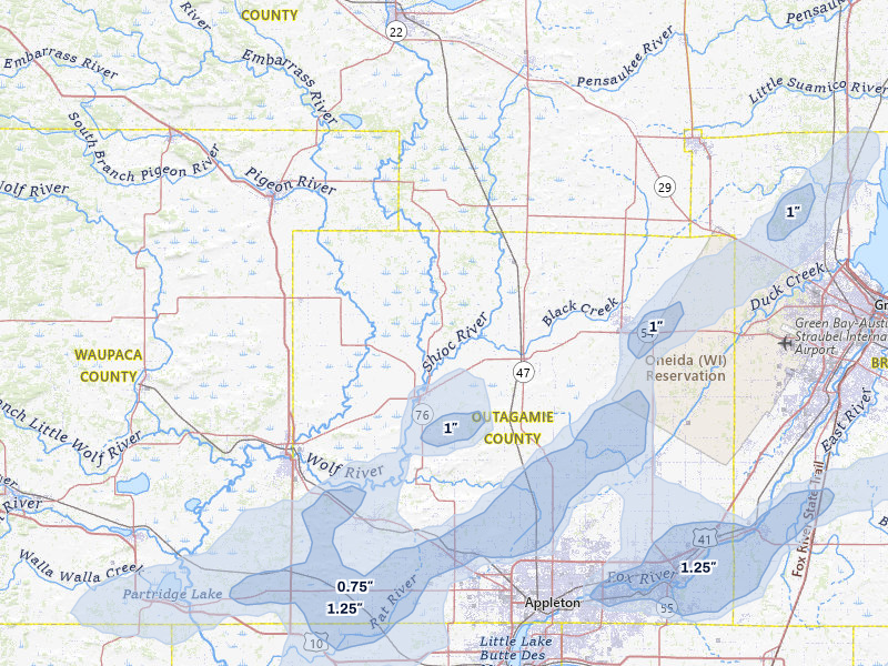 NEXRAD radar-signature map of the hail storm over Shiocton, WI on Jul 1, 2026