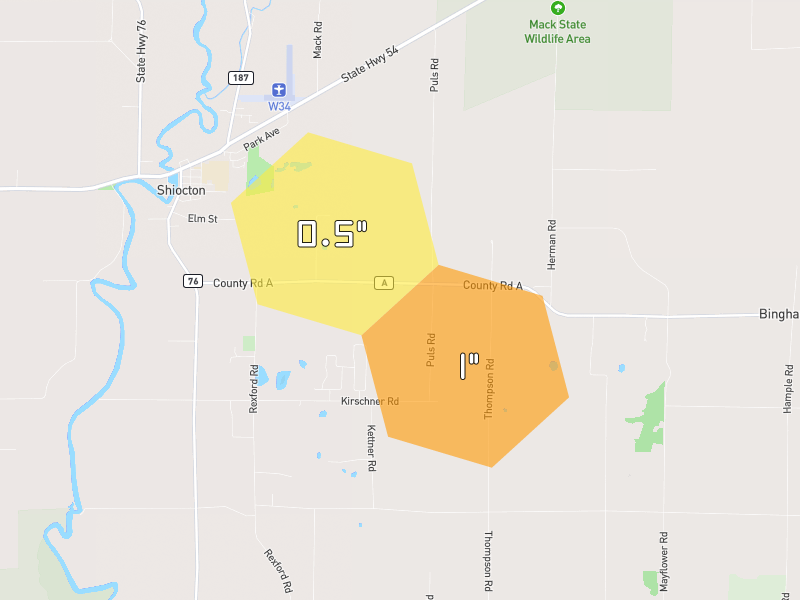 Hail map of Shiocton, WI on Jul 1, 2026, hail up to 1"