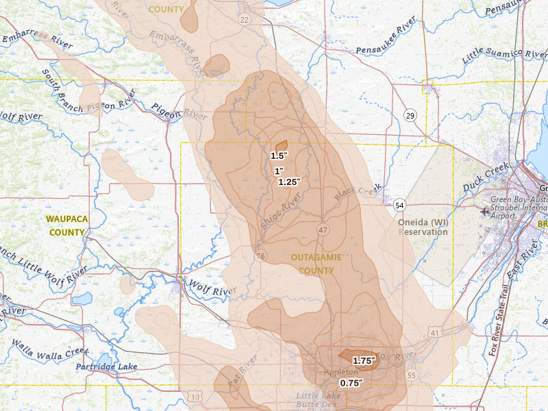 Radar-estimated hail-size map of the storm over Shiocton, WI on Jul 27, 2026