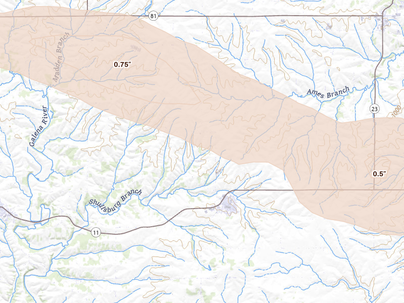 Radar-estimated hail-size map of the storm over Shullsburg, WI on Jun 24, 2026
