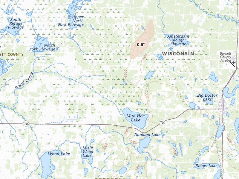 Radar-estimated hail-size map of the storm over Siren, WI on Jun 10, 2026