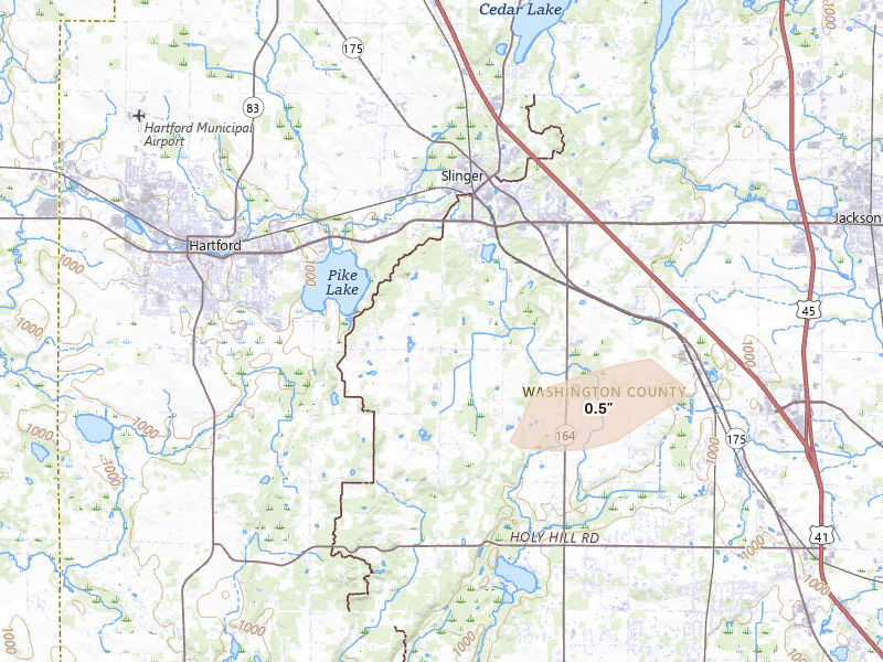 Radar-estimated hail-size map of the storm over Slinger, WI on Jun 16, 2026
