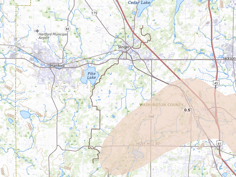 Radar-estimated hail-size map of the storm over Slinger, WI on Jul 2, 2026
