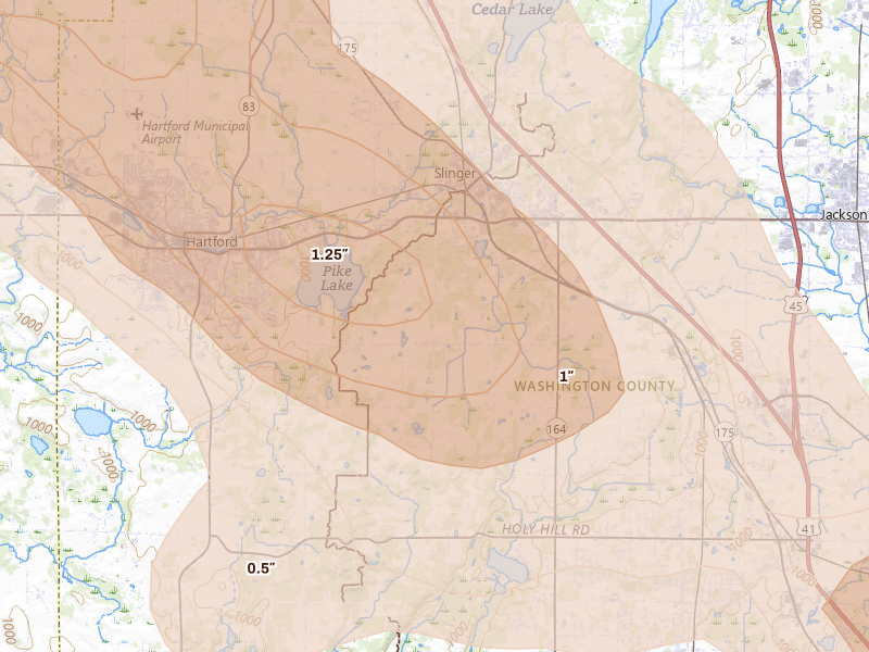 Radar-estimated hail-size map of the storm over Slinger, WI