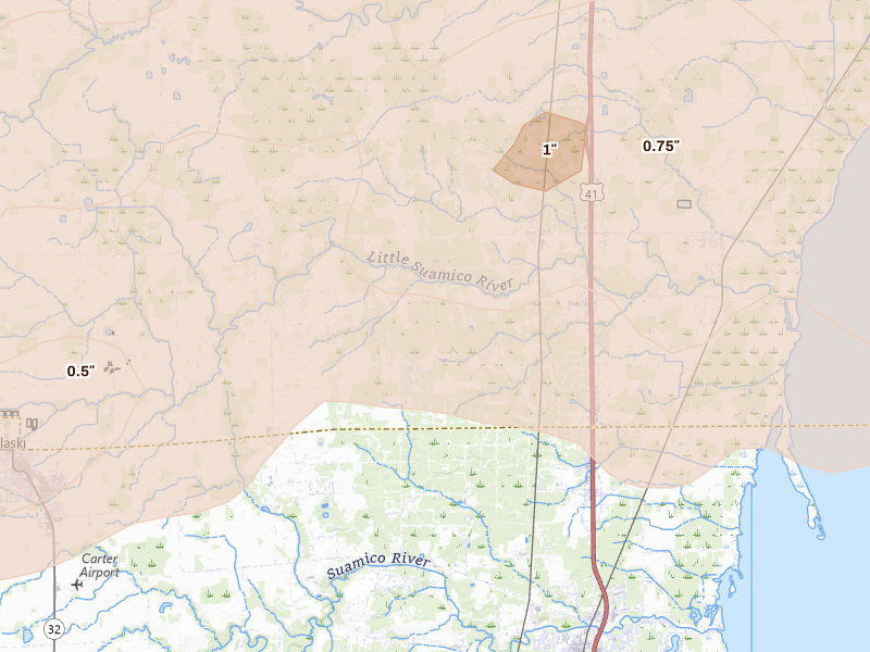 Radar-estimated hail-size map of the storm over Sobieski, WI on Jun 30, 2026