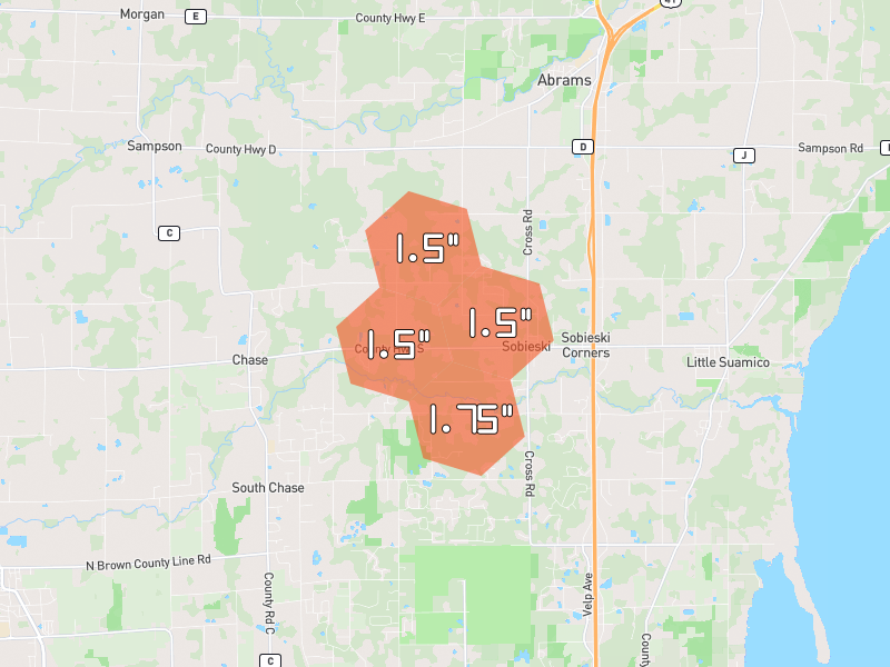 Hail map of Sobieski, WI on Jun 30, 2026, hail up to 1.75"