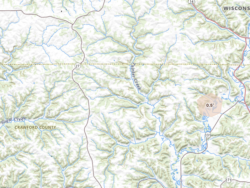 Radar-estimated hail-size map of the storm over Soldiers Grove, WI on Apr 23, 2026