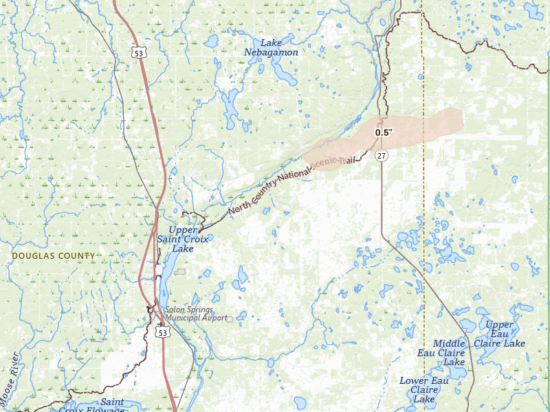 Radar-estimated hail-size map of the storm over Solon Springs, WI on Jun 28, 2026