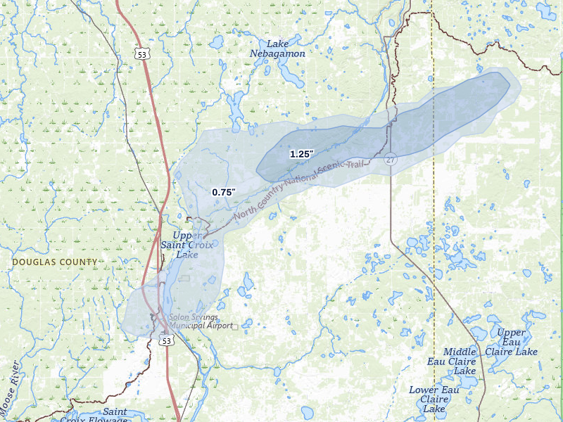 NEXRAD radar-signature map of the hail storm over Solon Springs, WI on Jun 28, 2026