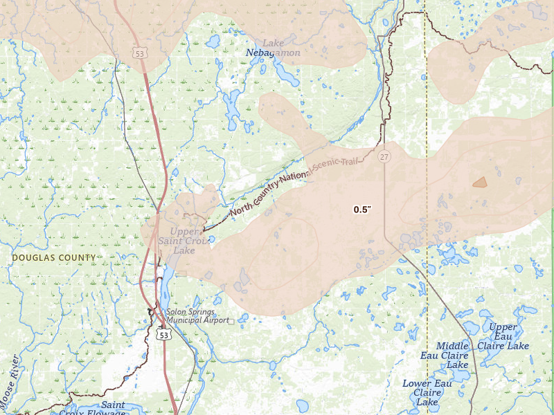 Radar-estimated hail-size map of the storm over Solon Springs, WI on Jun 29, 2026