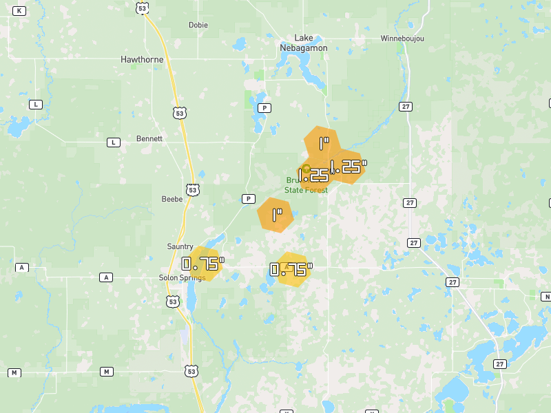 Hail map of Solon Springs, WI on Jun 30, 2026, hail up to 1.25"