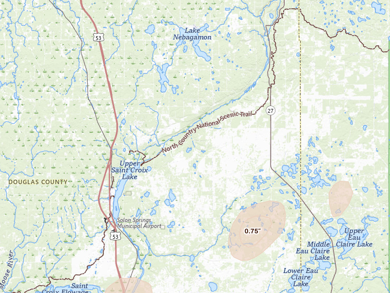 Radar-estimated hail-size map of the storm over Solon Springs, WI on Jul 3, 2026