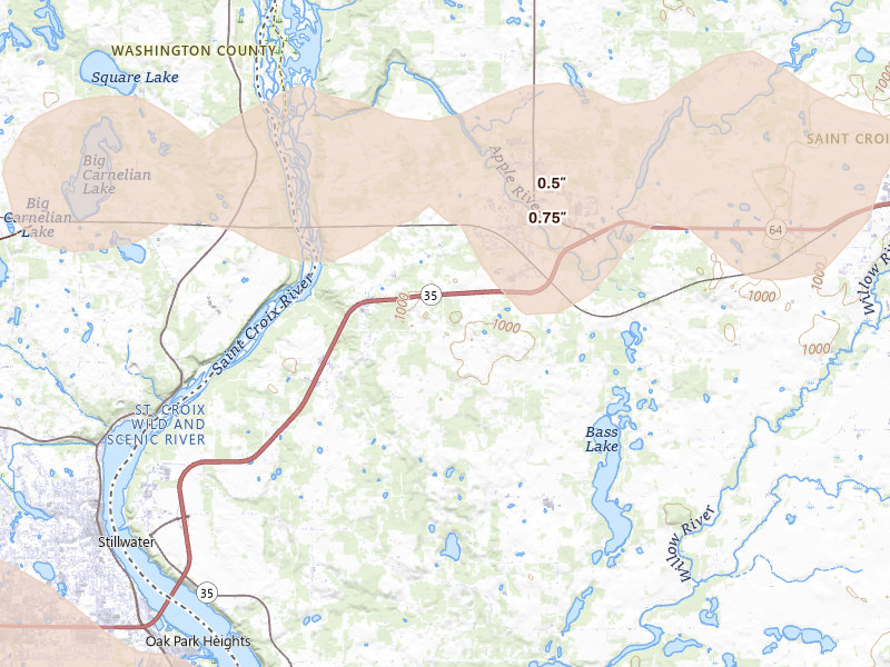 Radar-estimated hail-size map of the storm over Somerset, WI on Aug 8, 2026