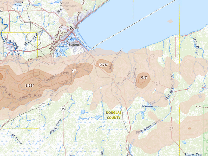 Radar-estimated hail-size map of the storm over South Range, WI on Jun 29, 2026